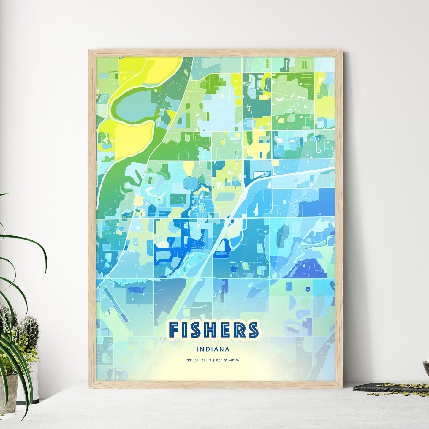 Colorful FISHERS INDIANA Fine Art Map Cool Blue