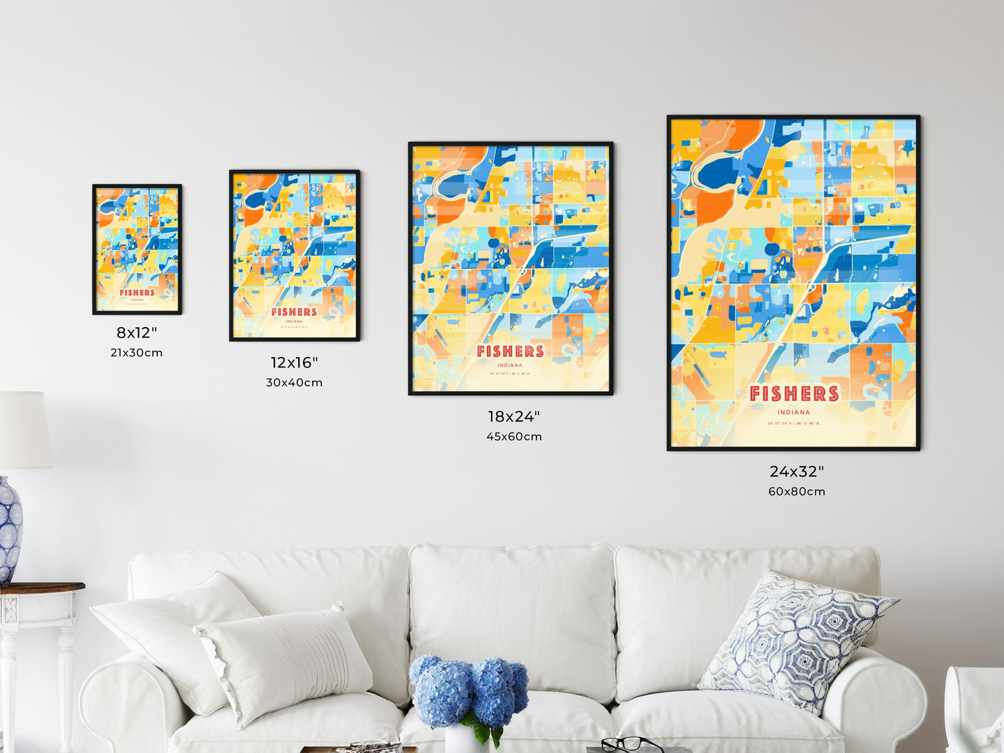 Colorful FISHERS INDIANA Fine Art Map Blue Orange