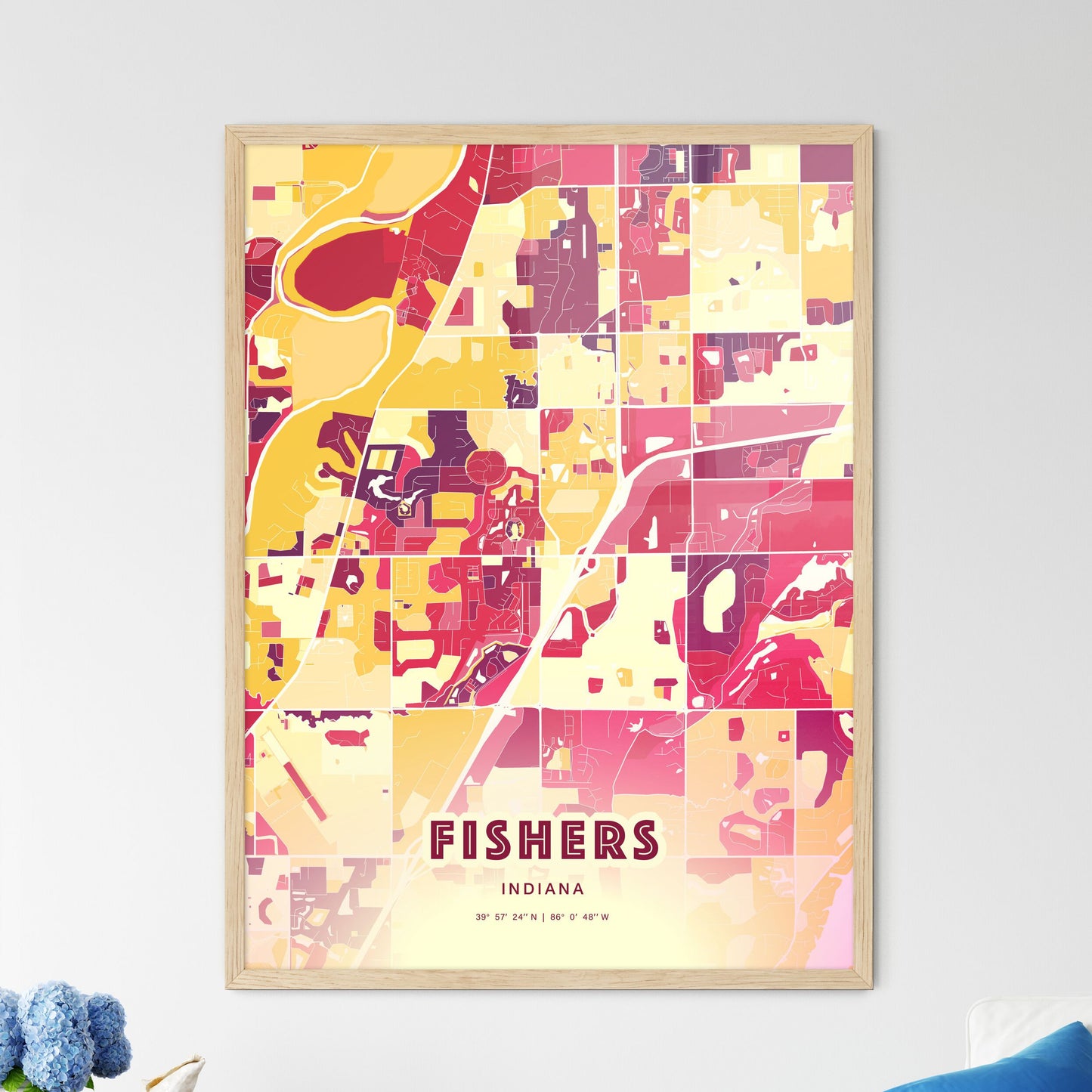 Colorful FISHERS INDIANA Fine Art Map Hot Red