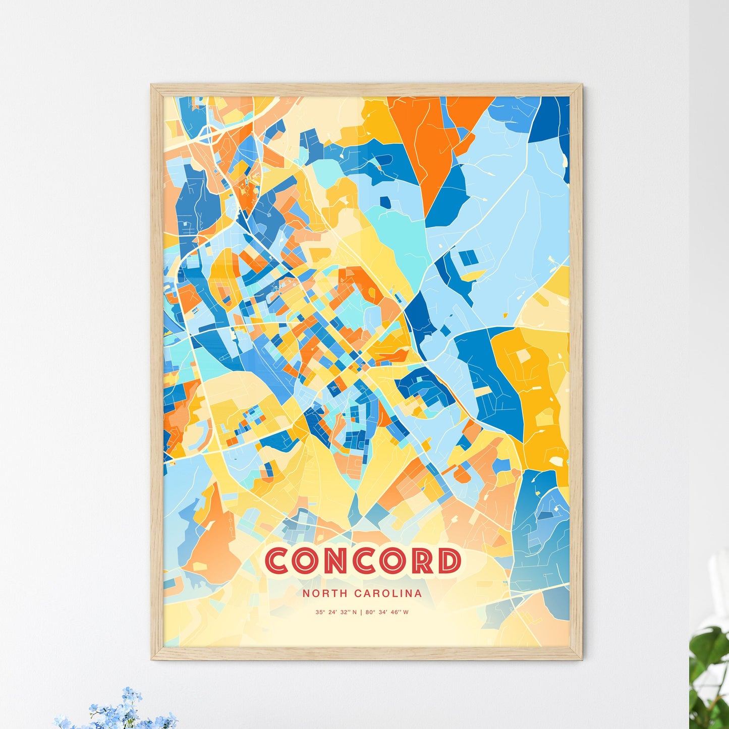 Colorful Concord North Carolina Fine Art Map Blue Orange