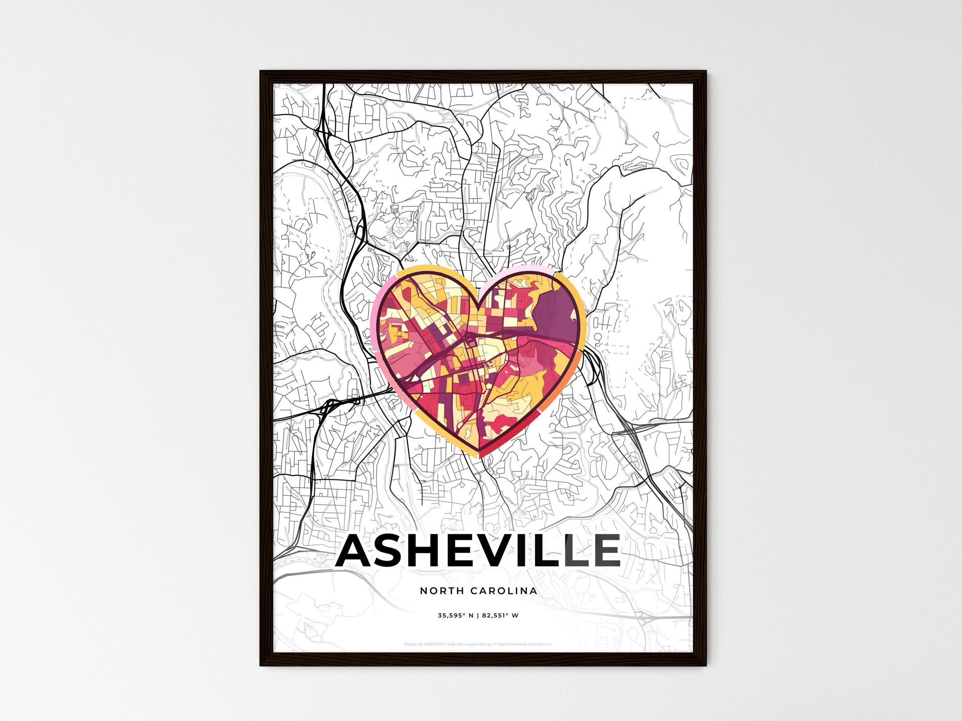 Asheville North Carolina wedding art map with heart icon