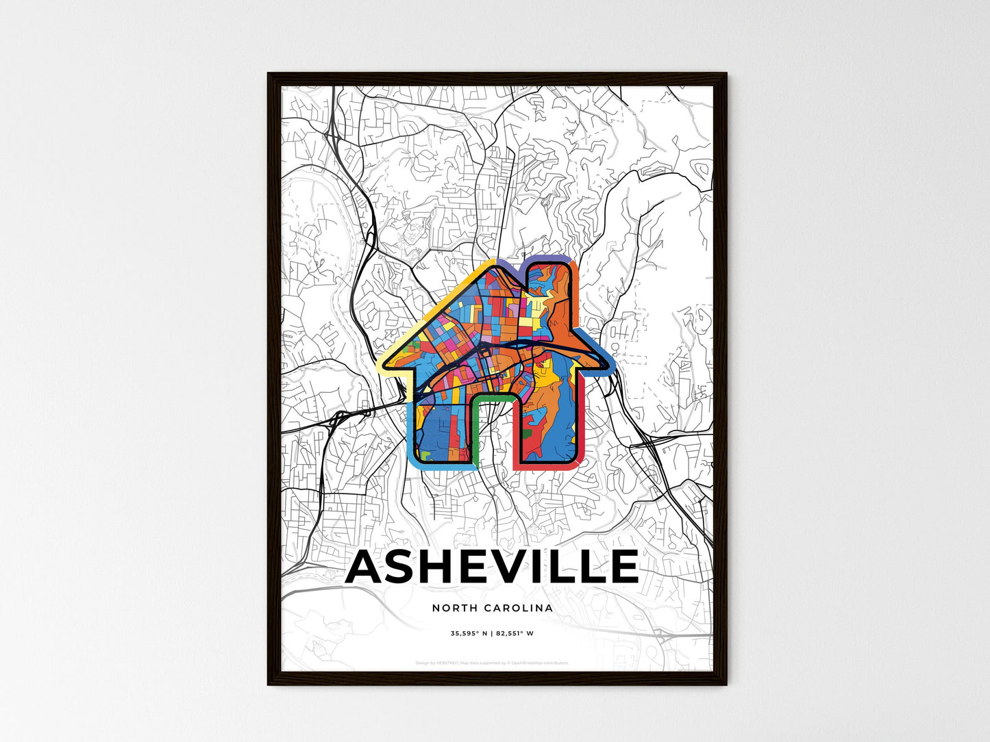 Asheville North Carolina wedding art map with home icon