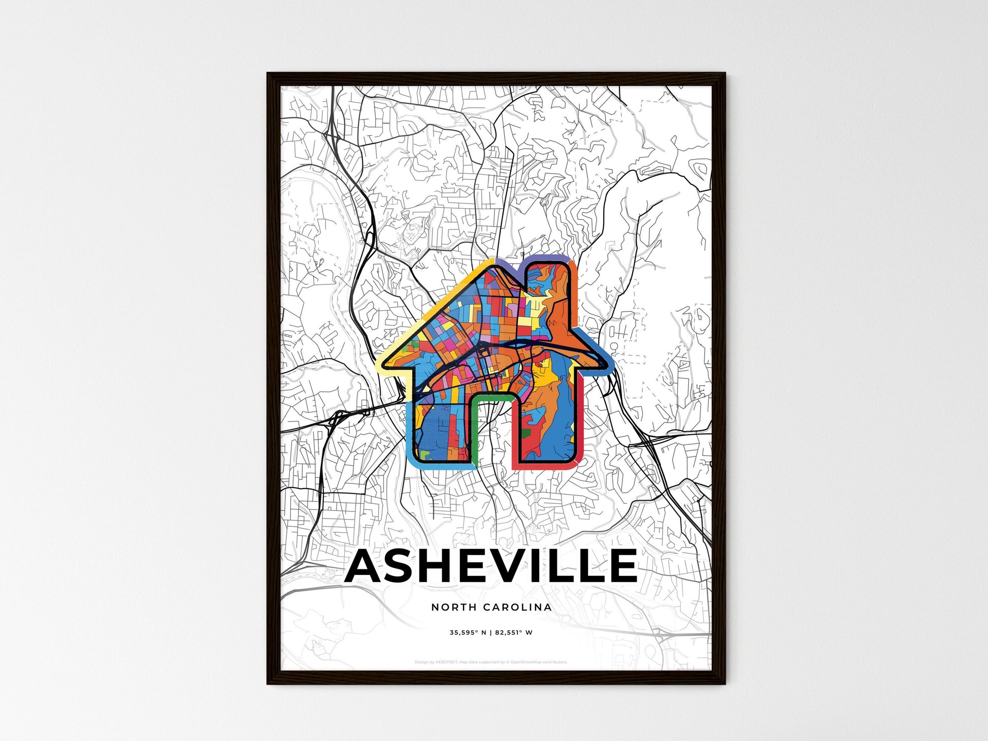 Asheville North Carolina wedding art map with home icon