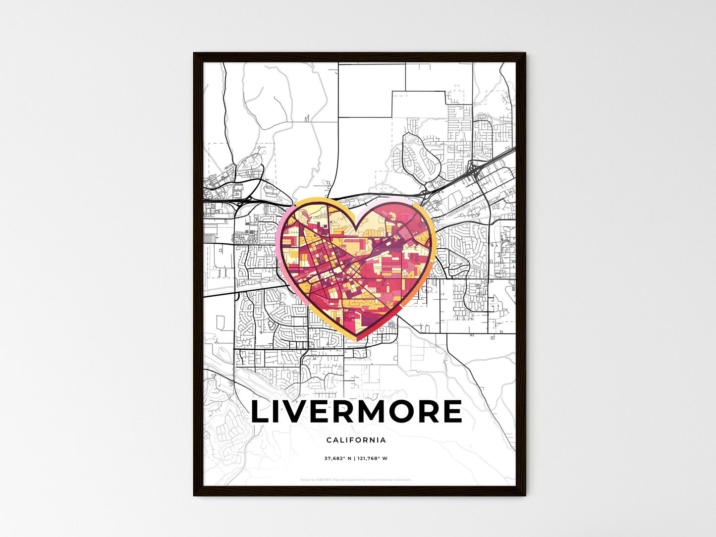 Livermore California wedding art map with heart icon
