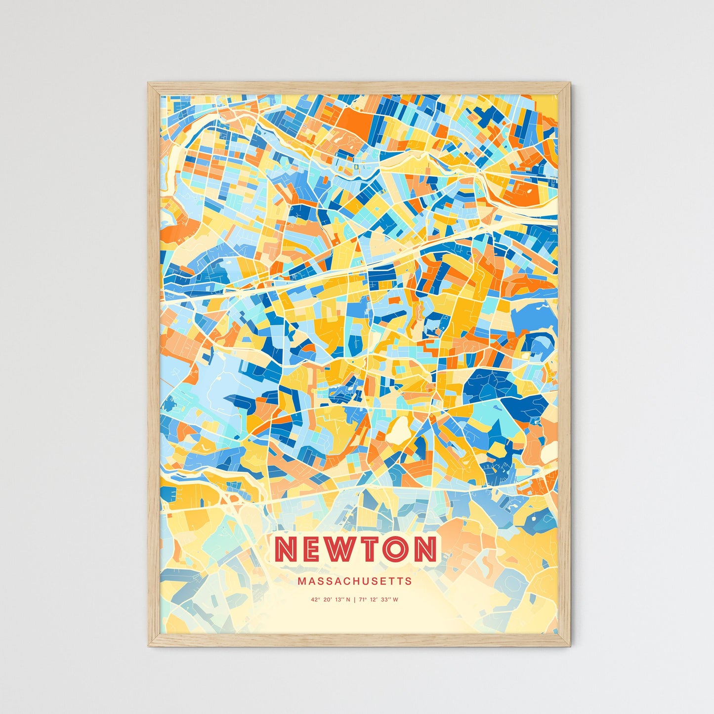 Colorful Newton Massachusetts Fine Art Map Blue Orange