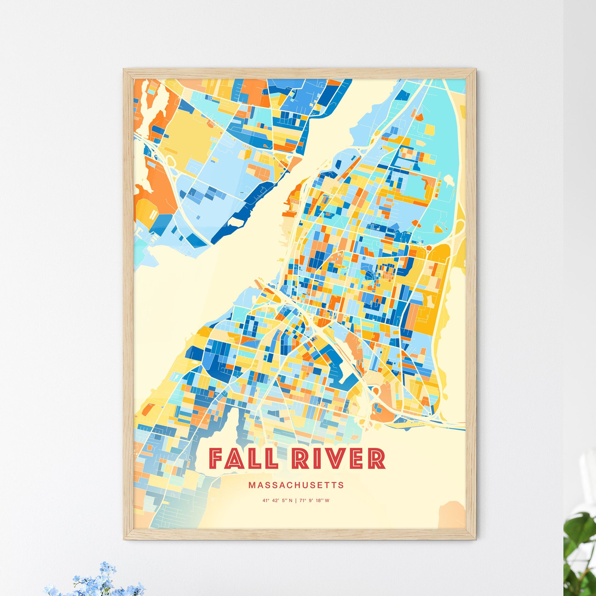 Colorful Fall River Massachusetts Fine Art Map Blue Orange