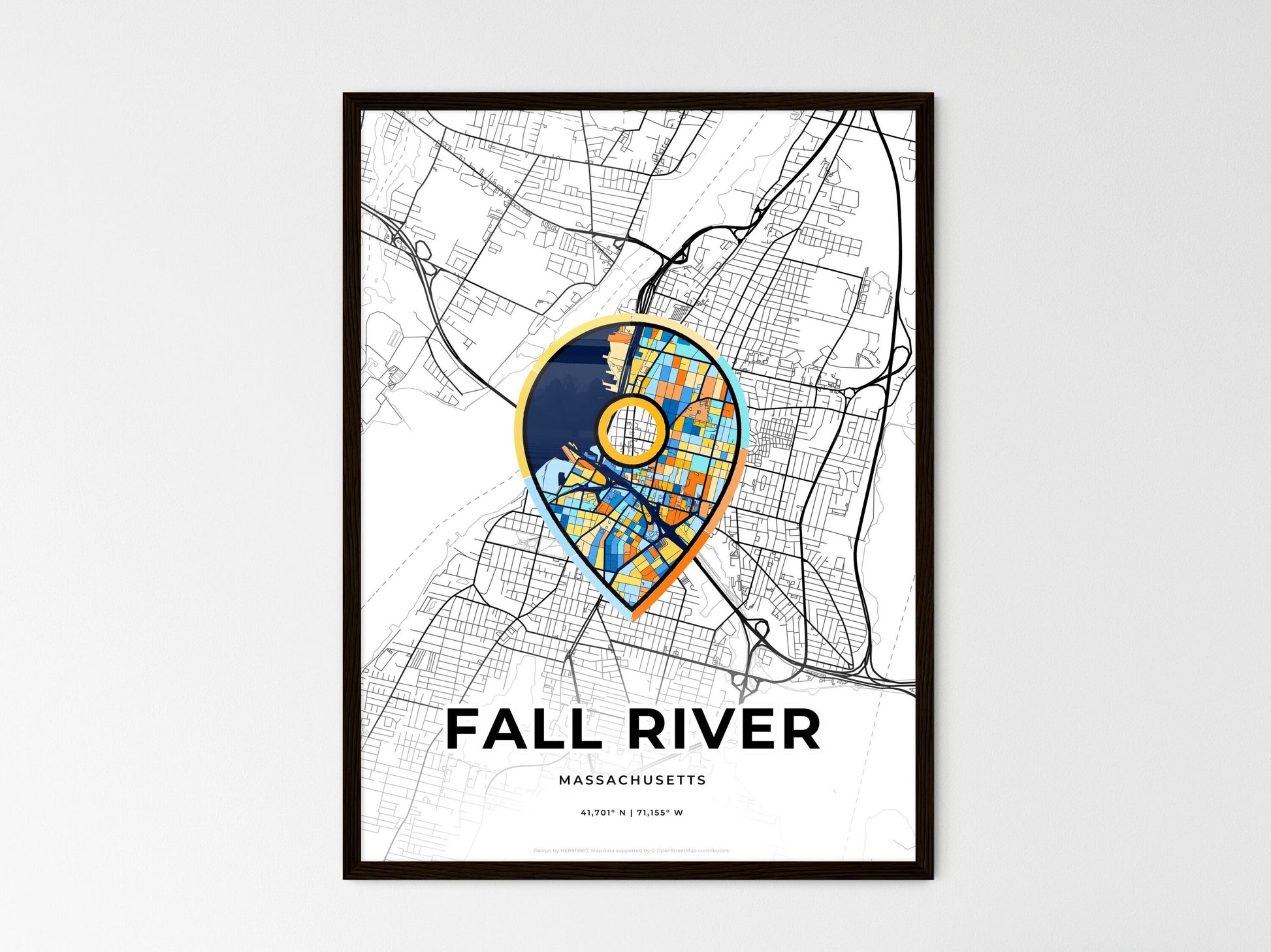 Fall River Massachusetts wedding art map with pointer icon