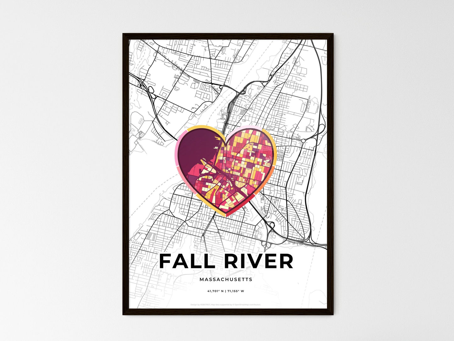 Fall River Massachusetts wedding art map with heart icon