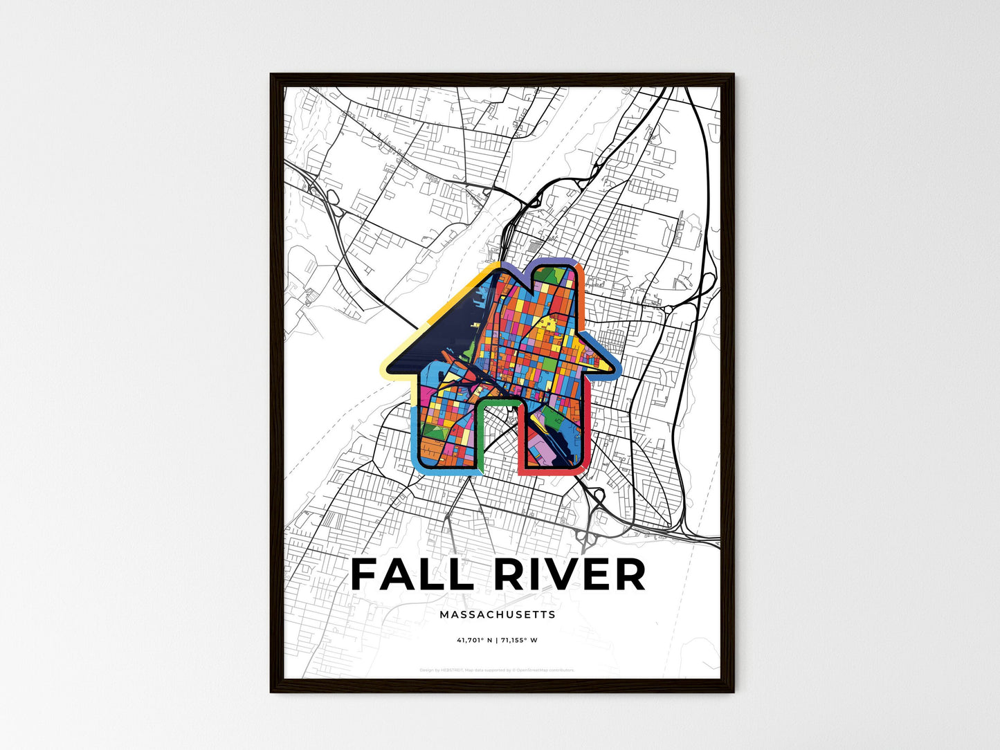 Fall River Massachusetts wedding art map with home icon