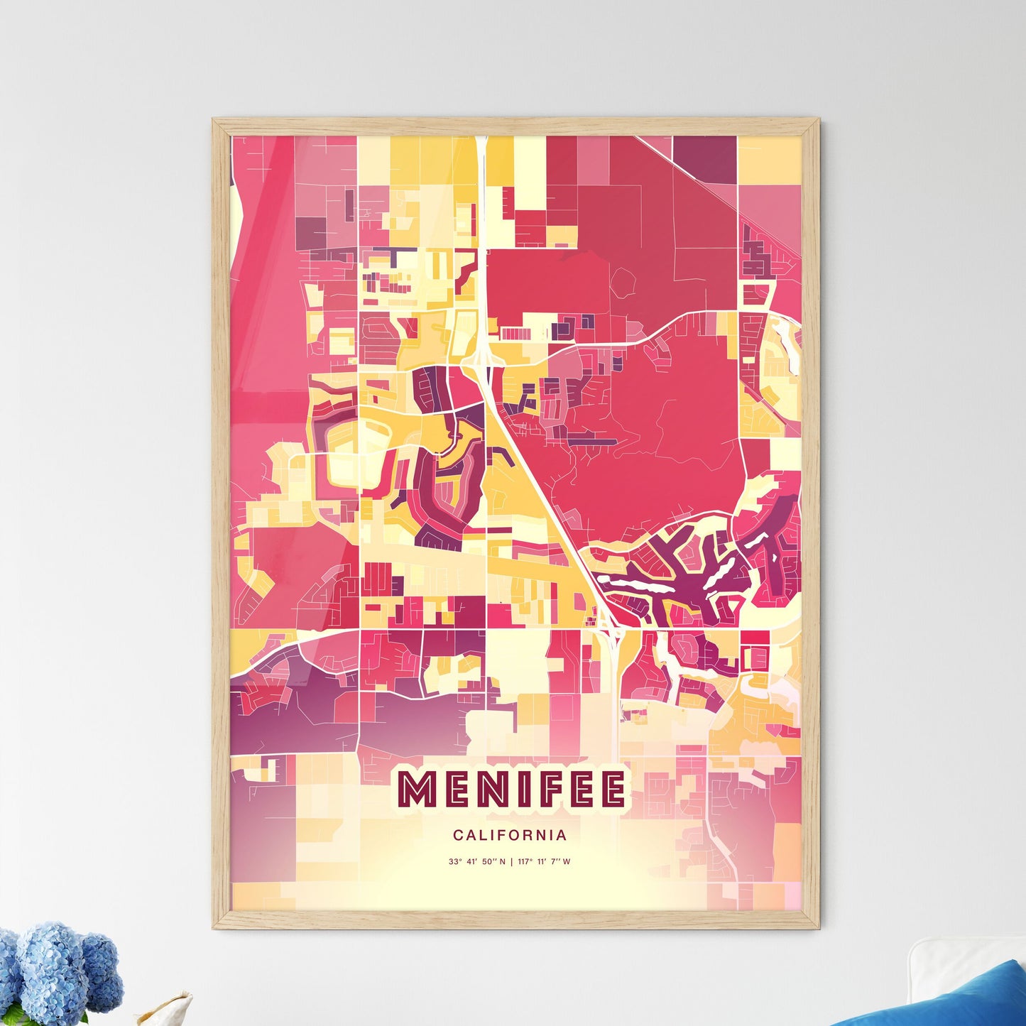 Colorful MENIFEE CALIFORNIA Fine Art Map Hot Red