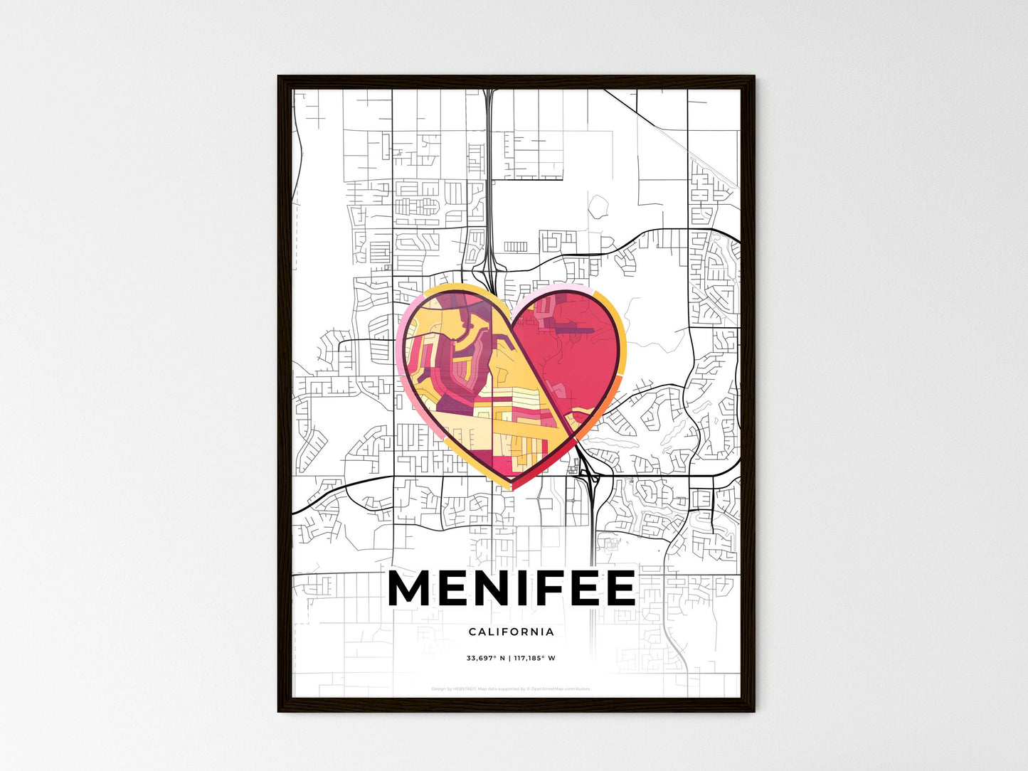 Menifee California wedding art map with heart icon