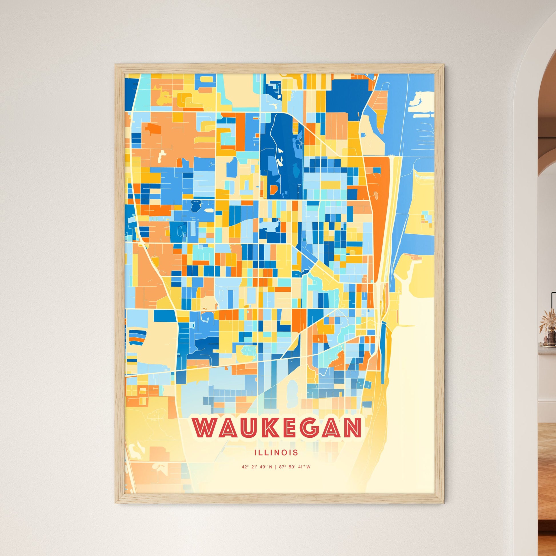 Colorful Waukegan Illinois Fine Art Map Blue Orange