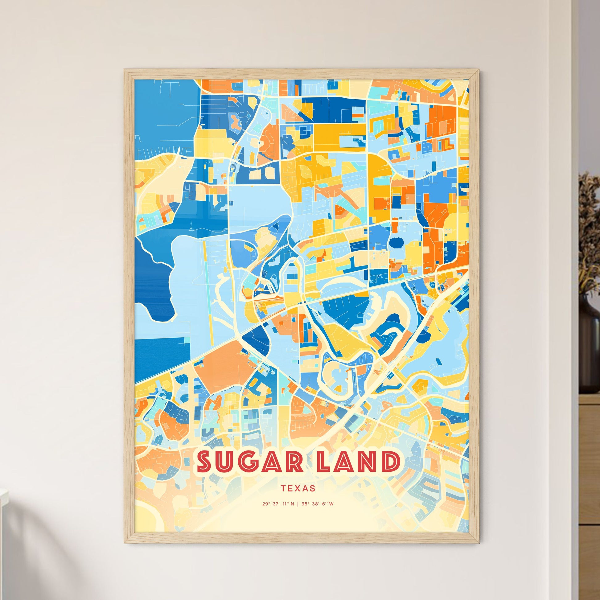 Colorful Sugar Land Texas Fine Art Map Blue Orange