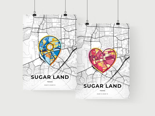 SUGAR LAND TEXAS minimal art map with a colorful icon. Where it all began, Couple map gift.