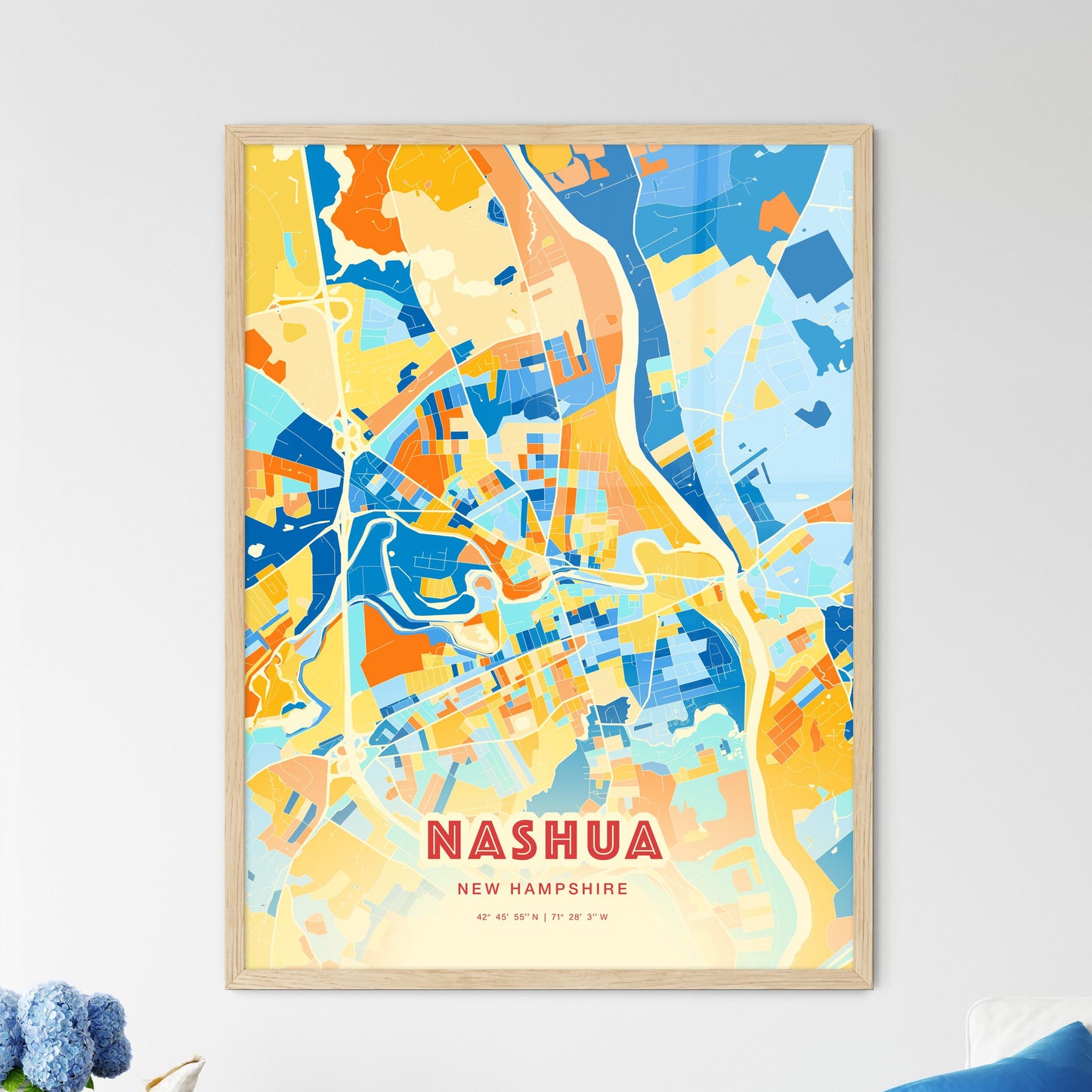 Colorful Nashua New Hampshire Fine Art Map Blue Orange