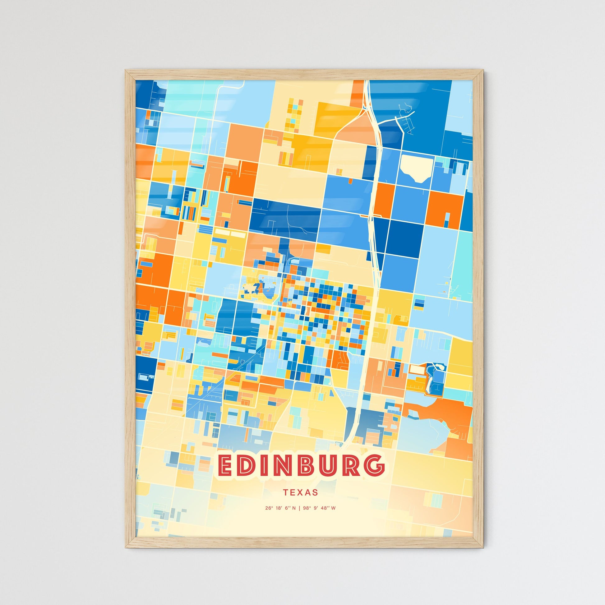 Colorful Edinburg Texas Fine Art Map Blue Orange