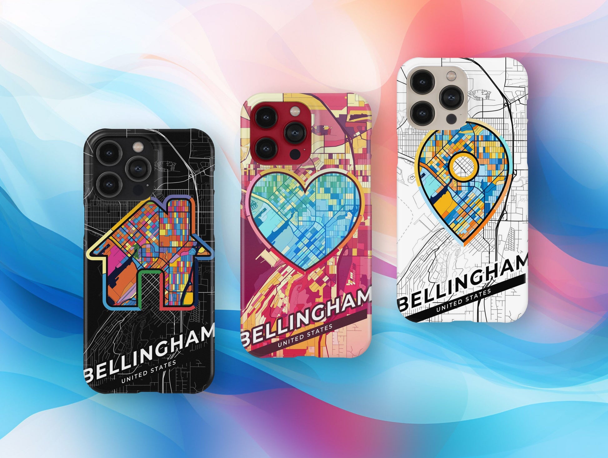 Bellingham Washington slim phone case with colorful icon. Birthday, wedding or housewarming gift. Couple match cases.