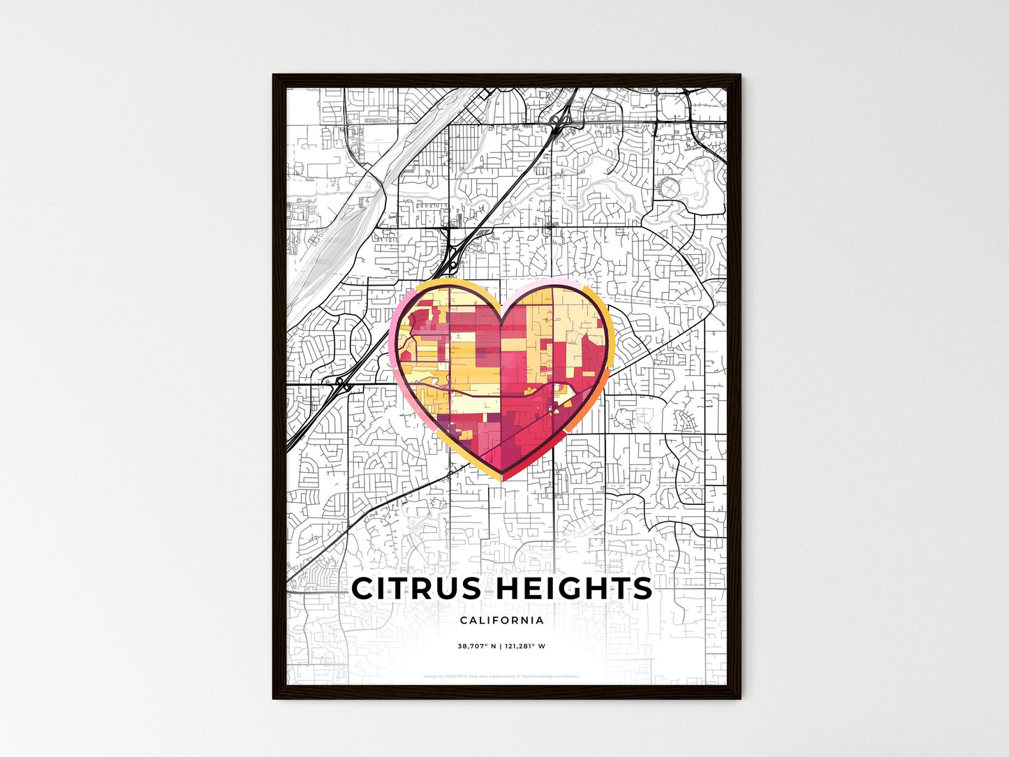 Citrus Heights California wedding art map with heart icon