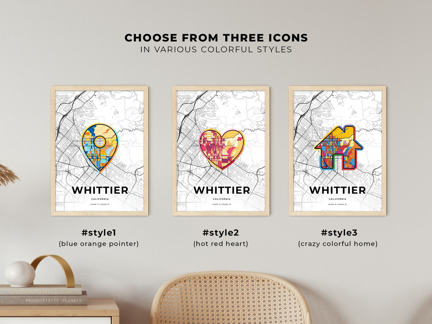 Whittier California maps with colorful icons