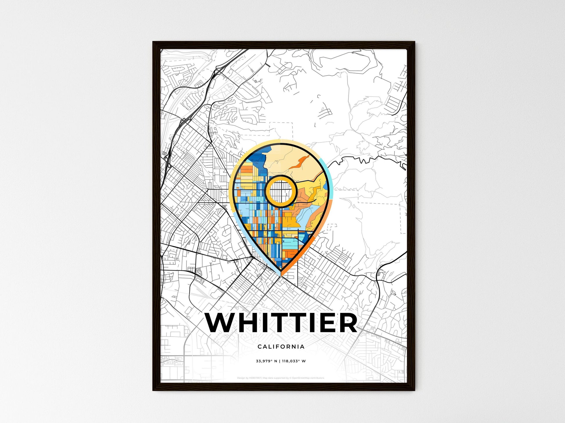 Whittier California wedding art map with pointer icon
