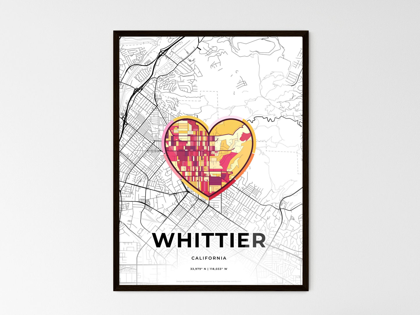Whittier California wedding art map with heart icon