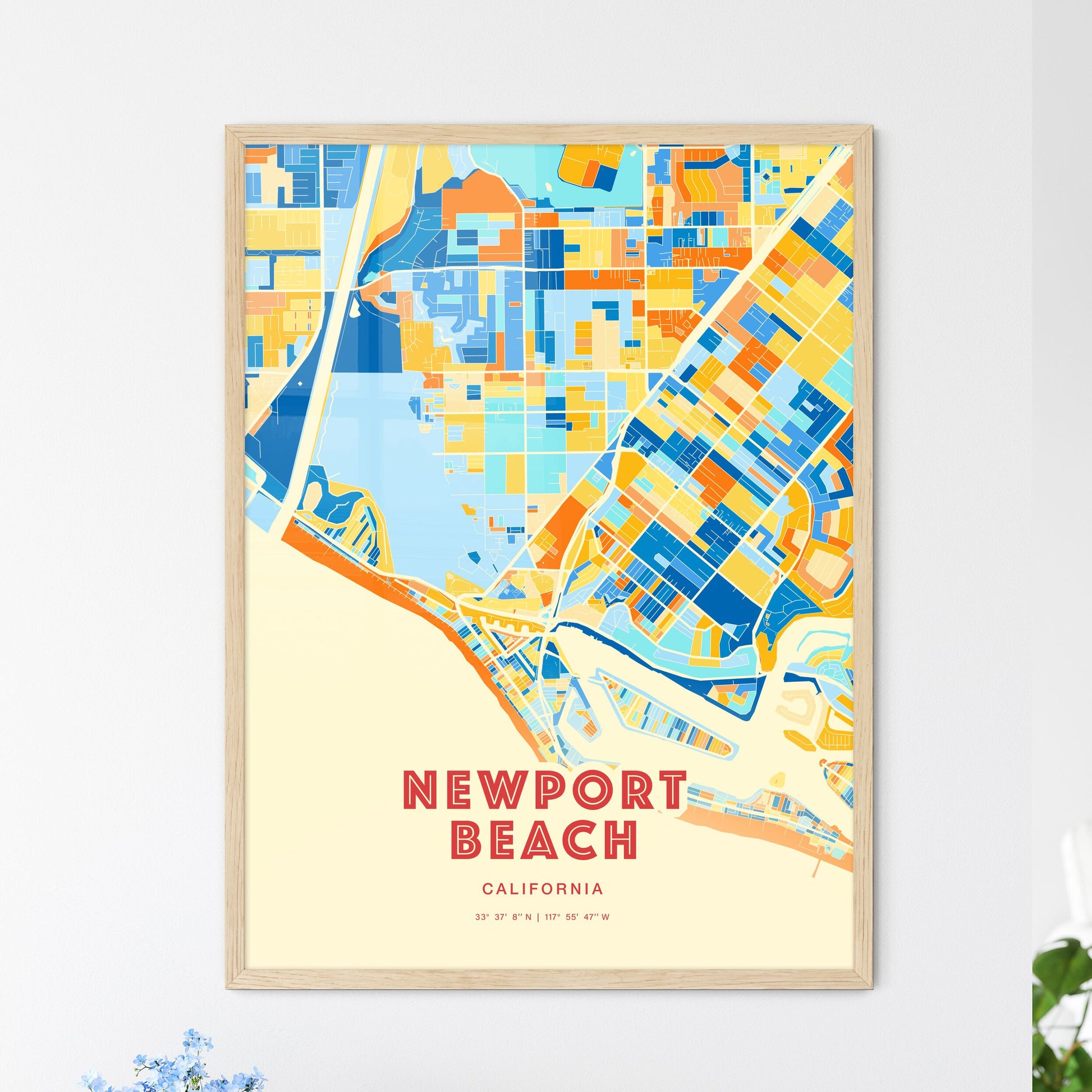 Colorful Newport Beach California Fine Art Map Blue Orange