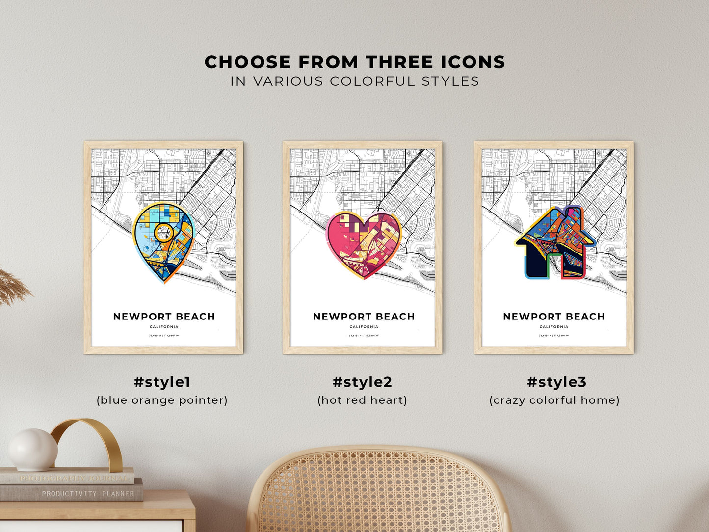 Newport Beach California maps with colorful icons