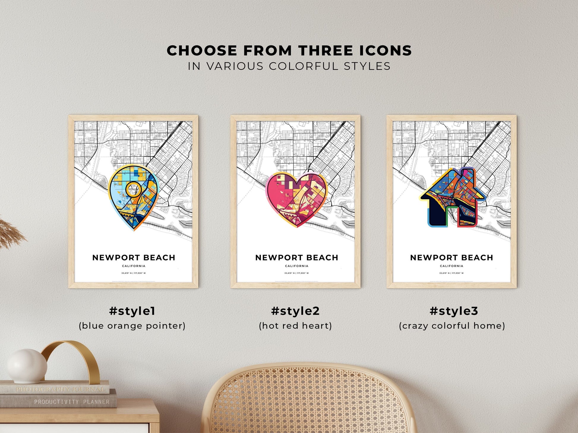 Newport Beach California maps with colorful icons