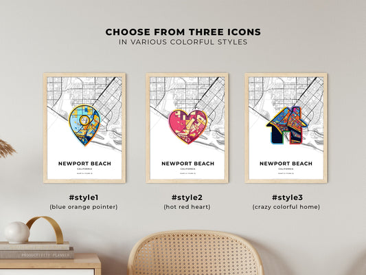 Newport Beach California maps with colorful icons