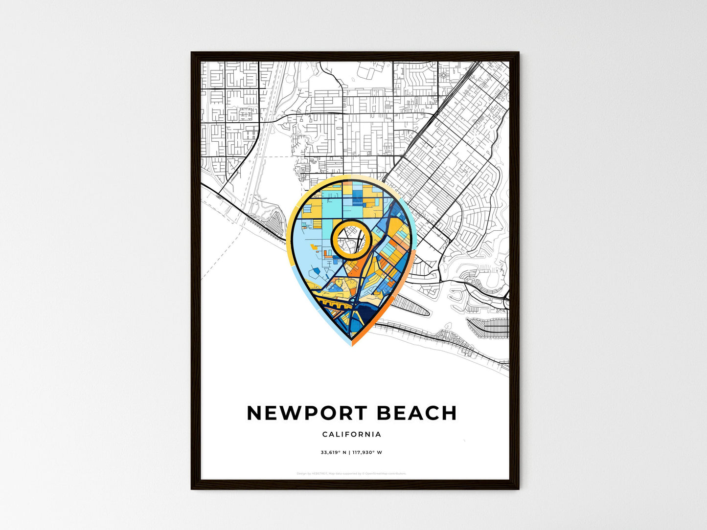 Newport Beach California wedding art map with pointer icon