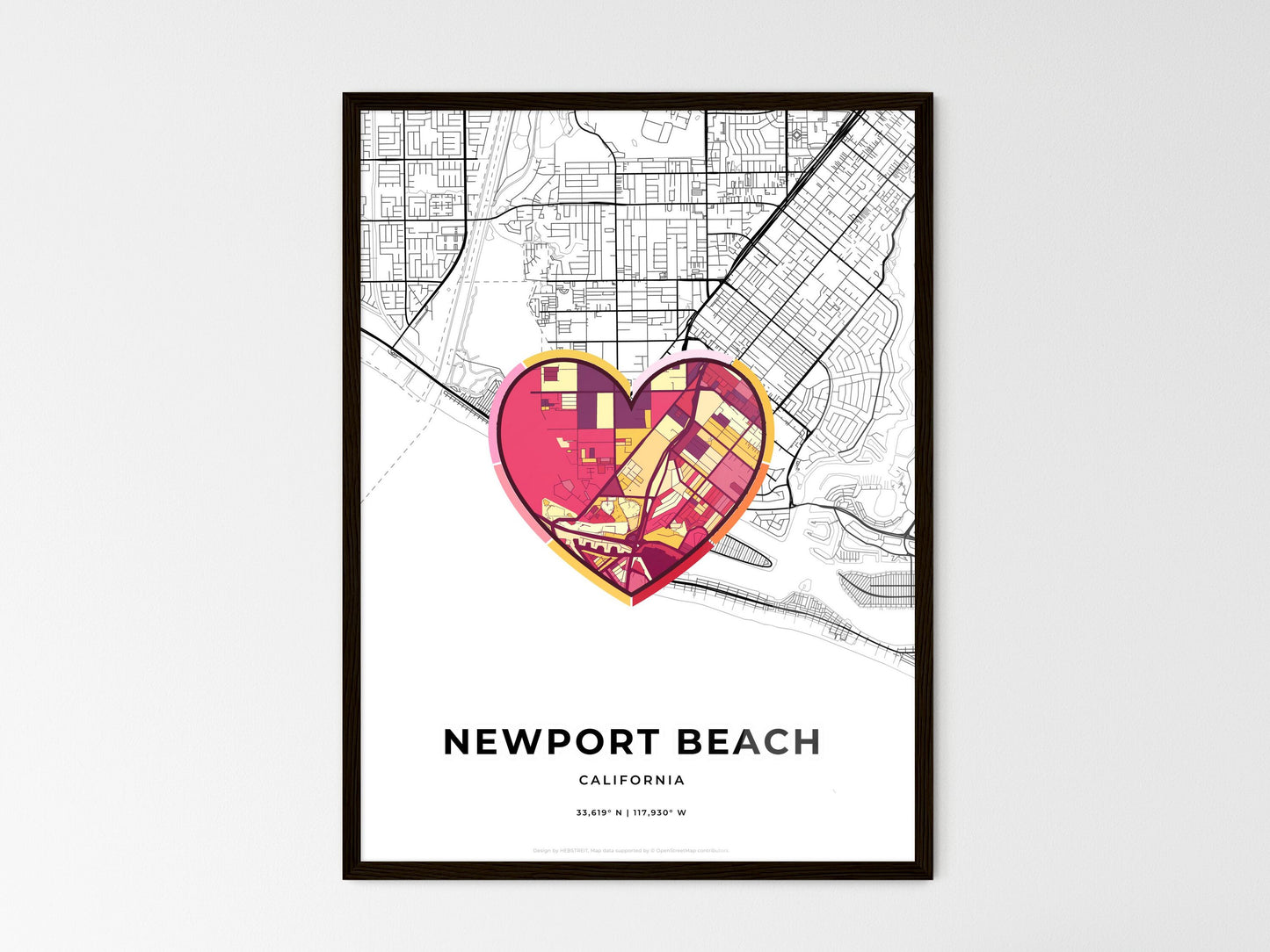 Newport Beach California wedding art map with heart icon