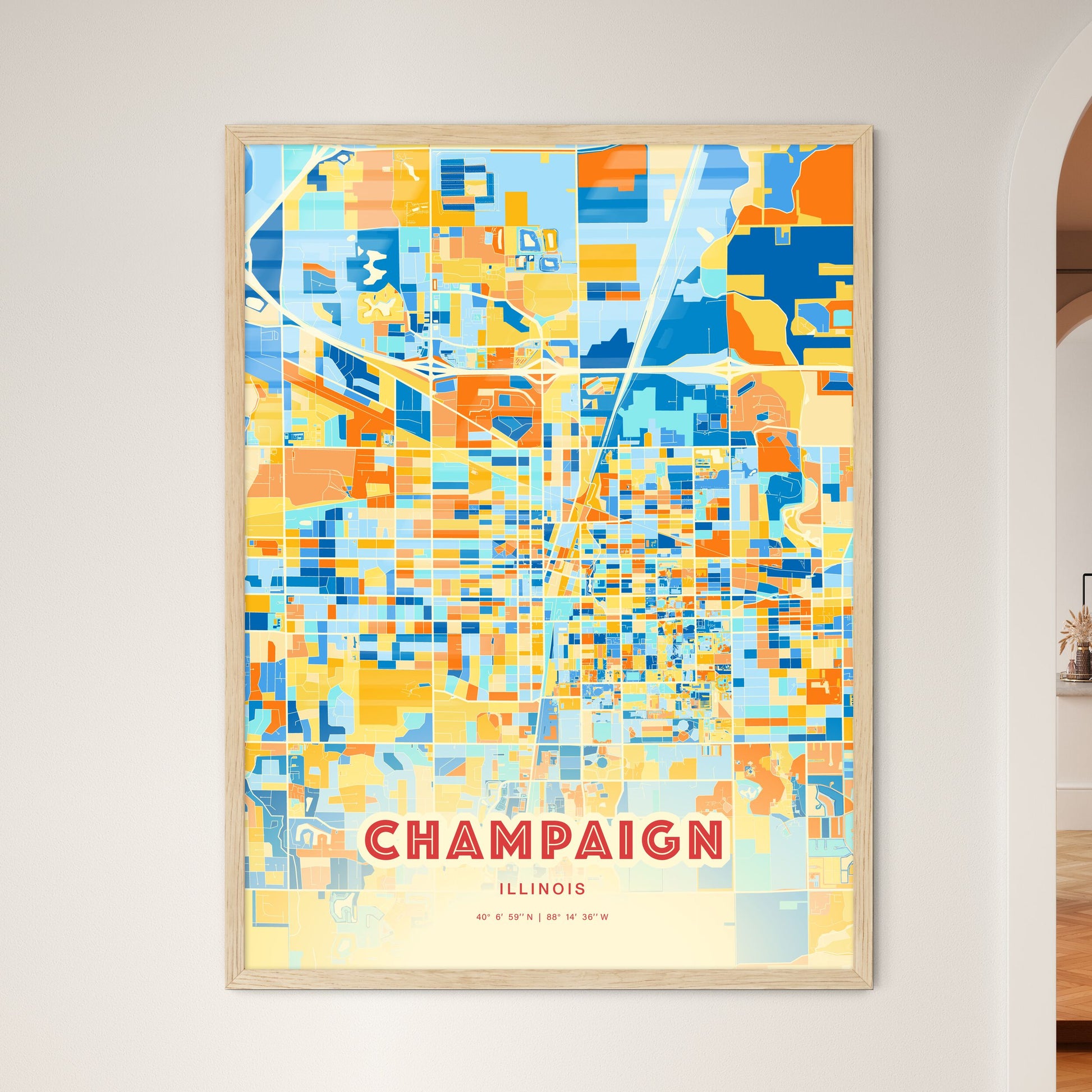 Colorful Champaign Illinois Fine Art Map Blue Orange