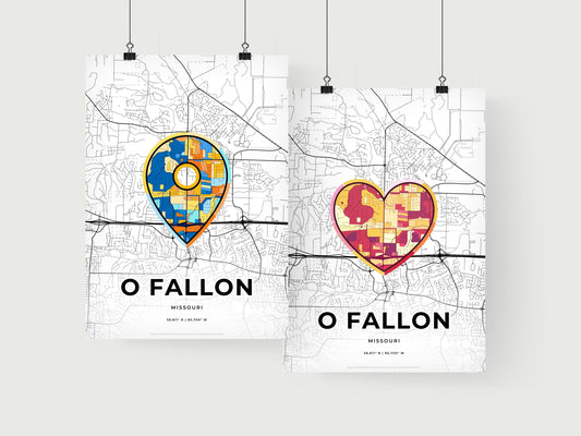 O FALLON MISSOURI minimal art map with a colorful icon. Where it all began, Couple map gift.