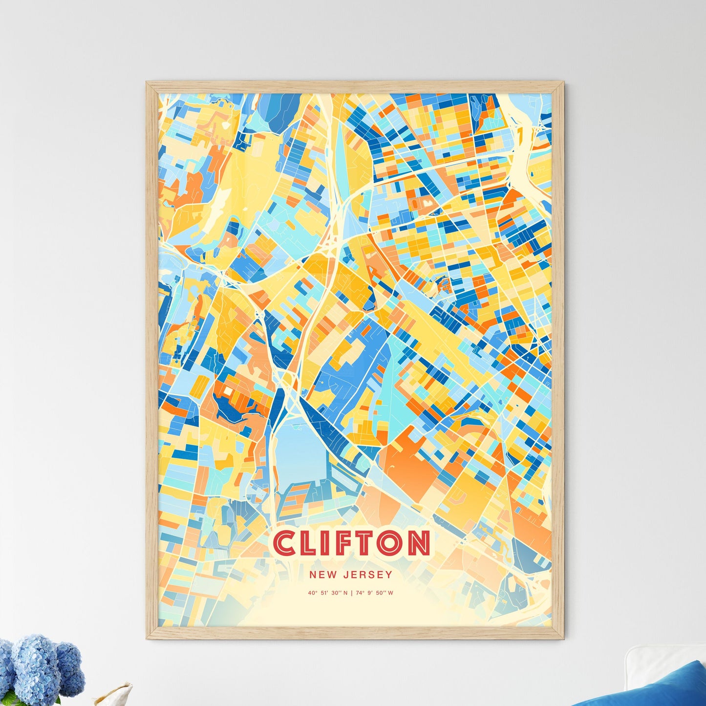 Colorful Clifton New Jersey Fine Art Map Blue Orange