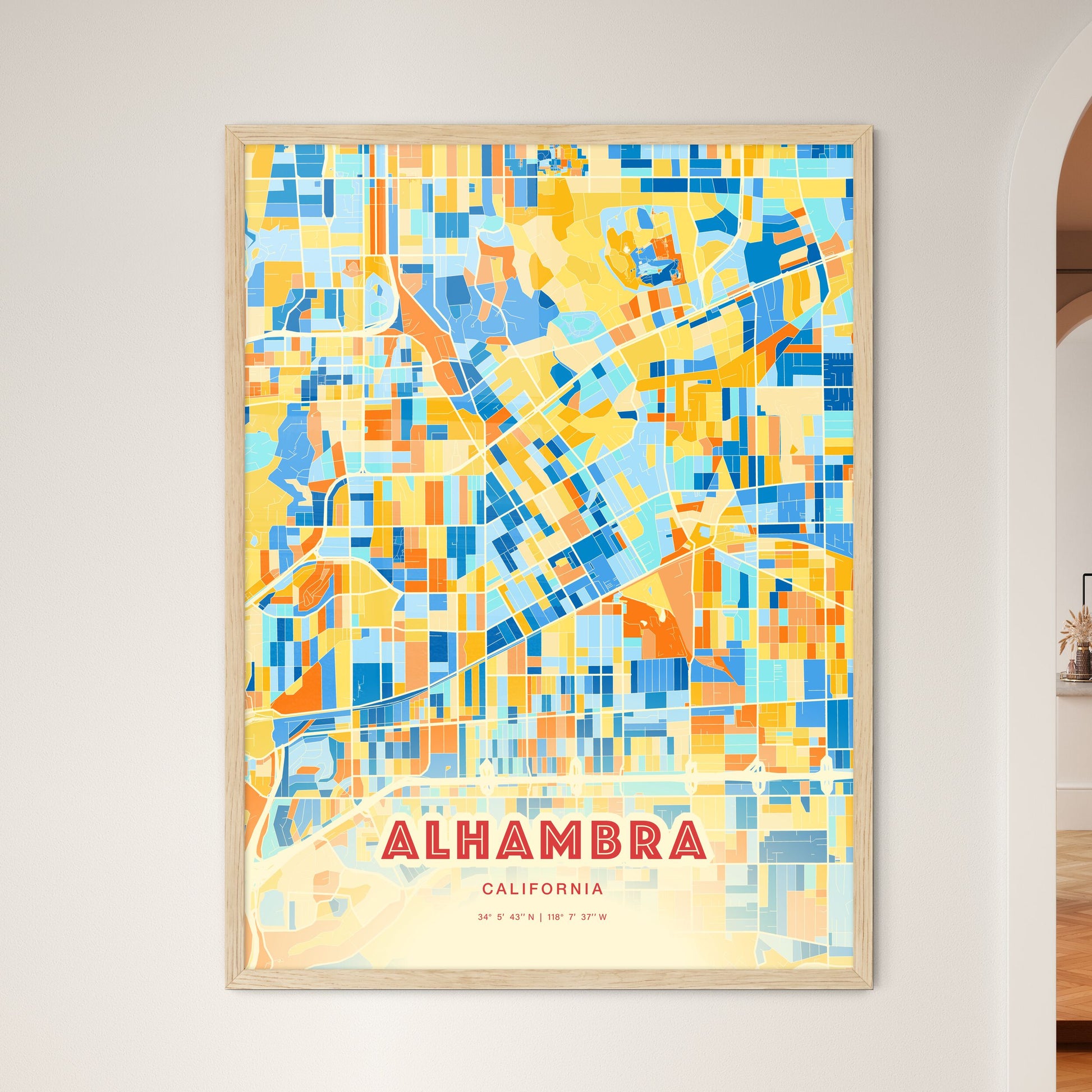 Colorful Alhambra California Fine Art Map Blue Orange