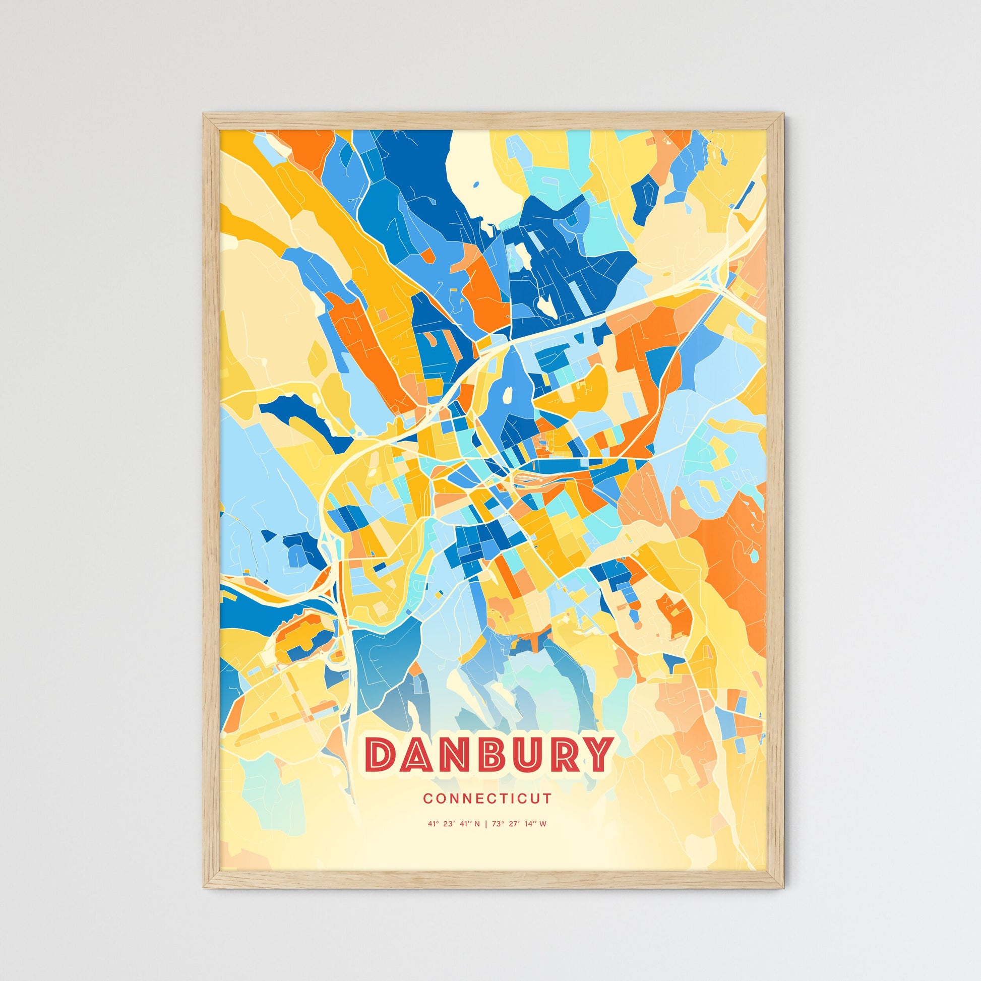 Colorful Danbury Connecticut Fine Art Map Blue Orange