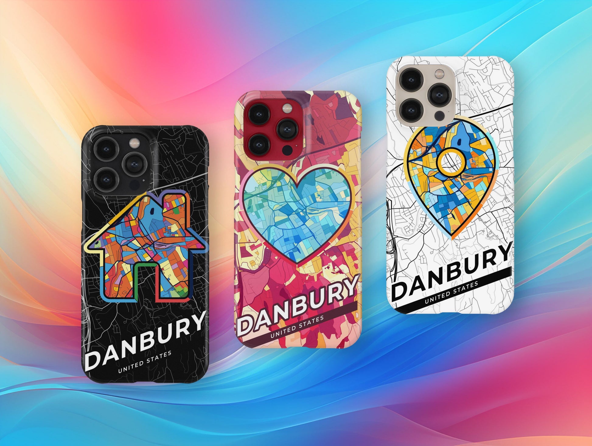 Danbury Connecticut slim phone case with colorful icon. Birthday, wedding or housewarming gift. Couple match cases.