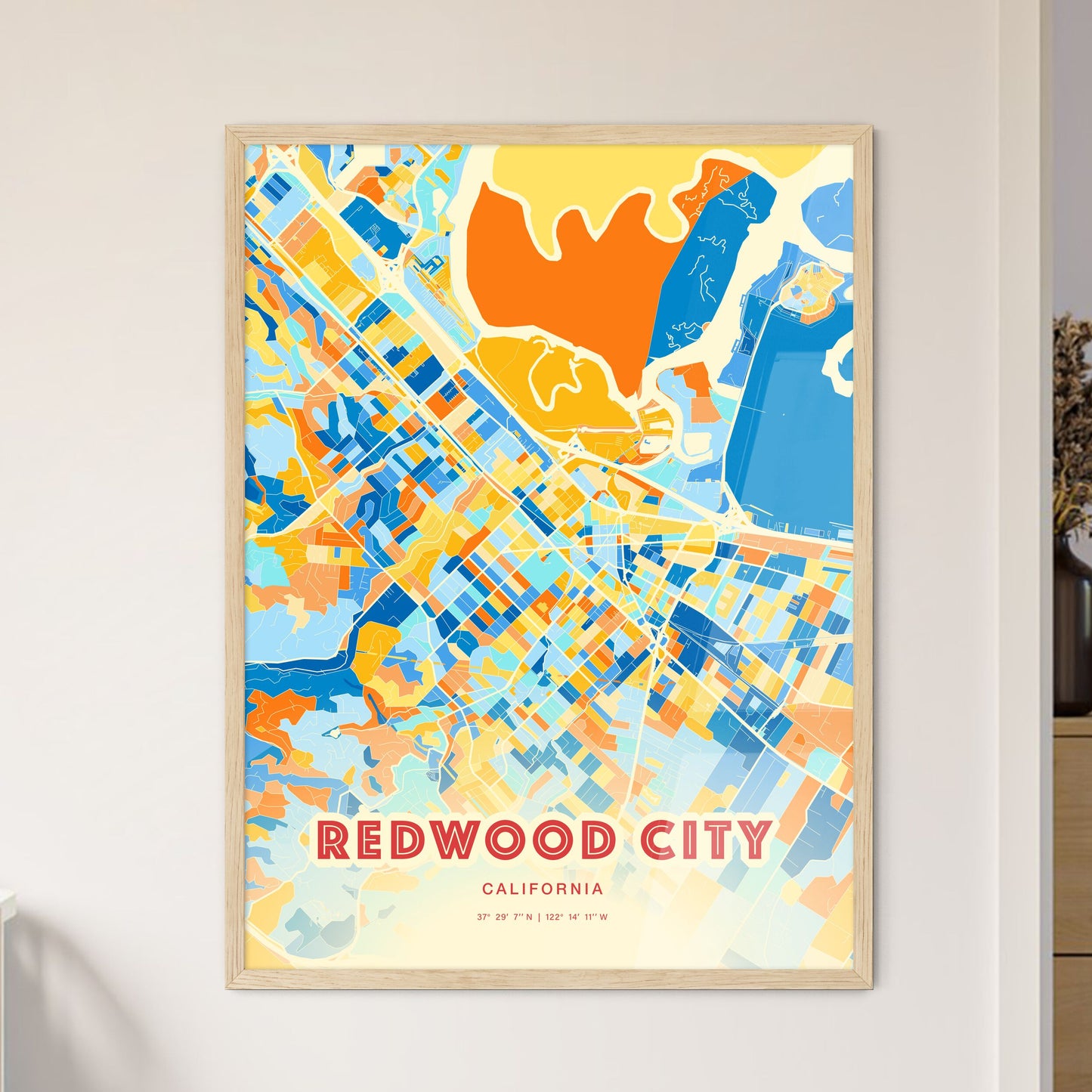 Colorful Redwood City California Fine Art Map Blue Orange