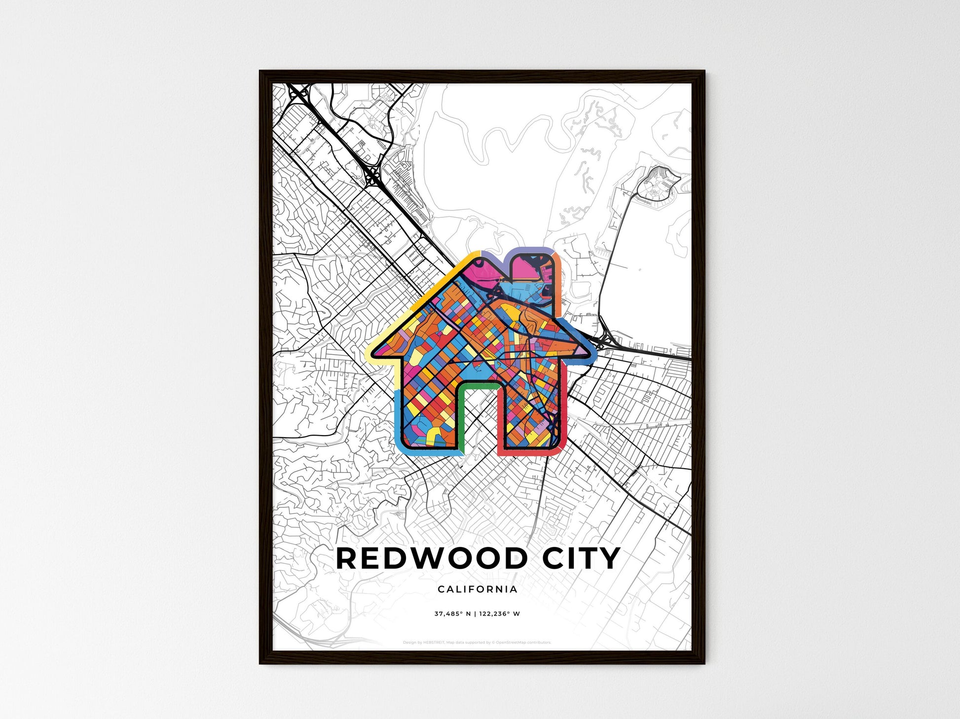 Redwood City California wedding art map with home icon