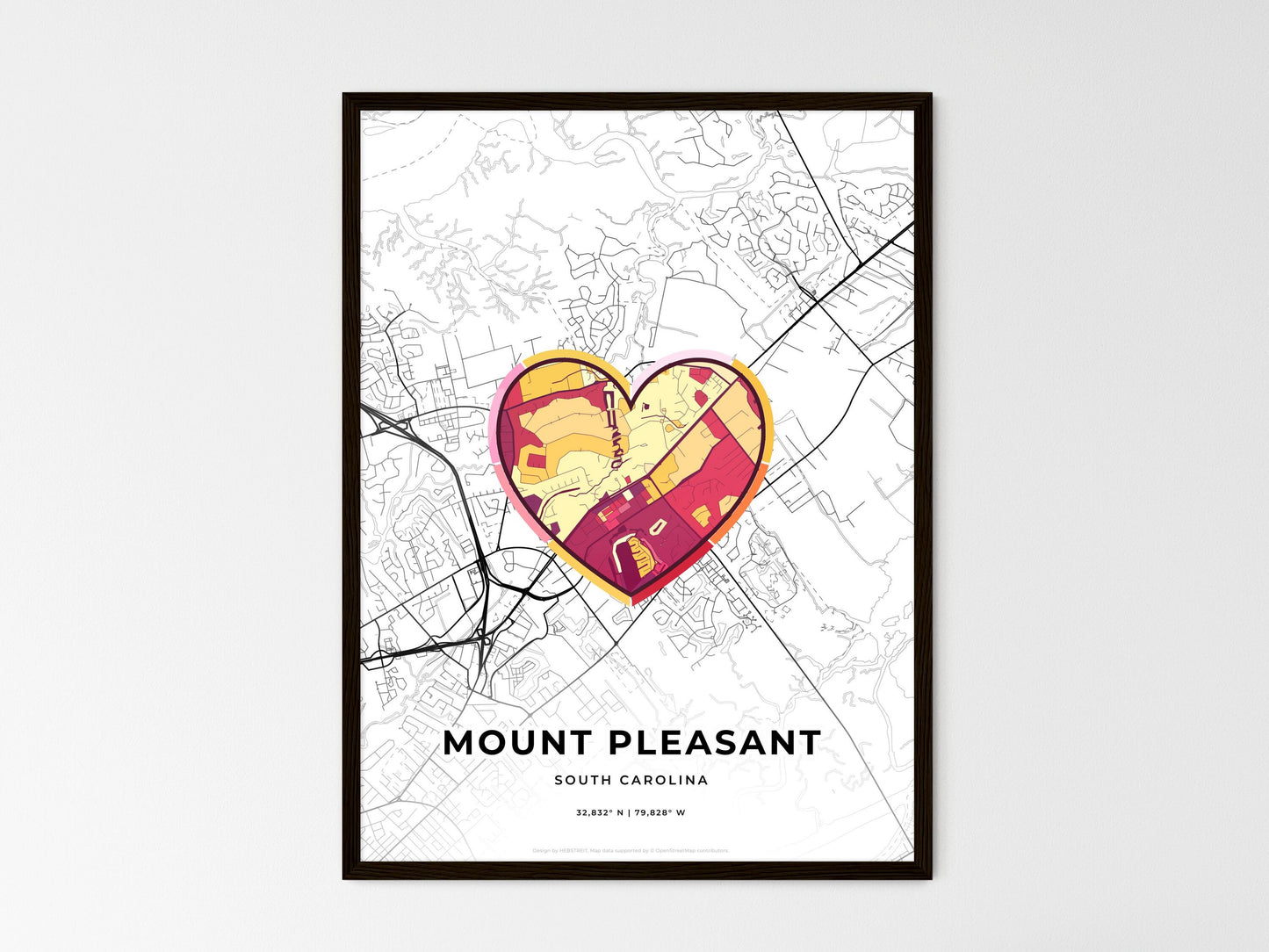 Mount Pleasant South Carolina wedding art map with heart icon
