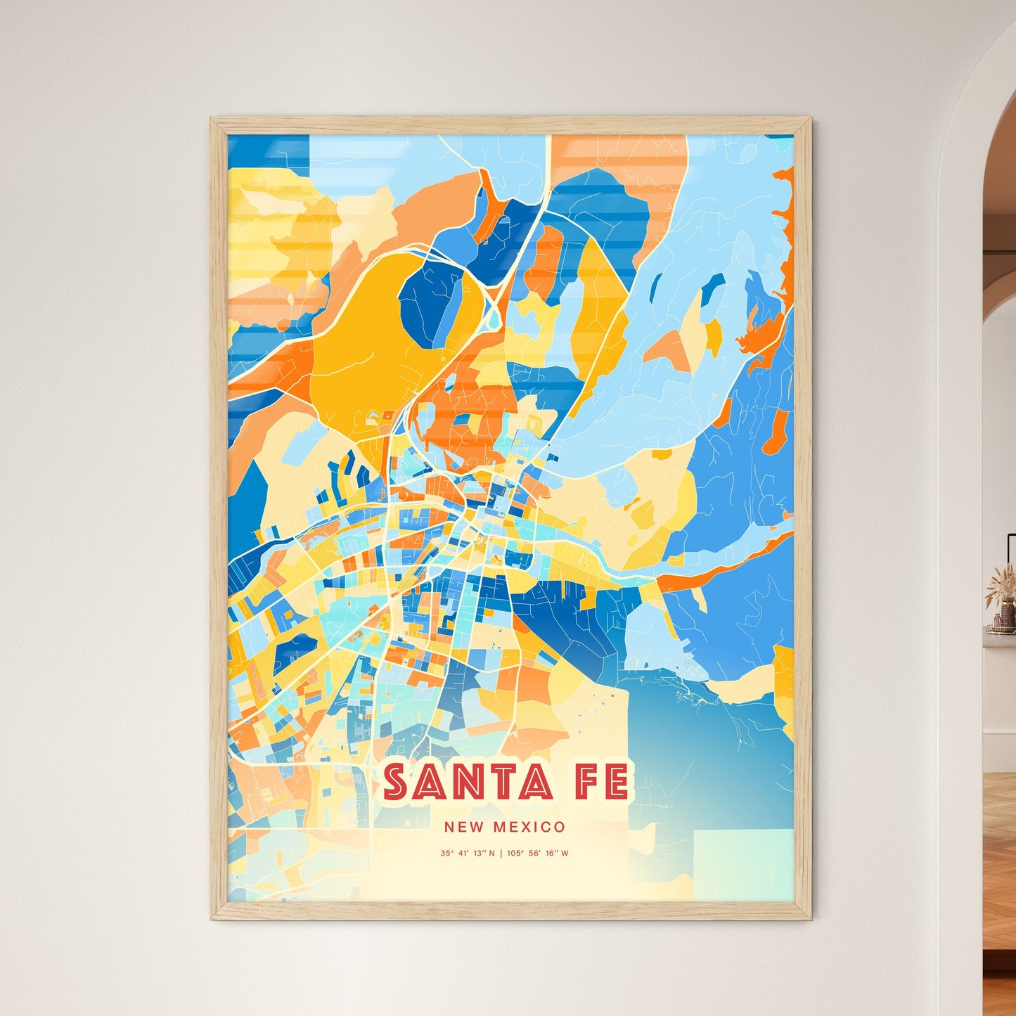 Colorful Santa Fe New Mexico Fine Art Map Blue Orange