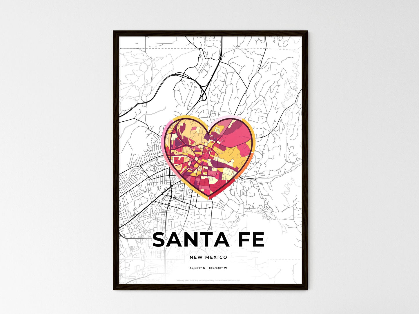 Santa Fe New Mexico wedding art map with heart icon