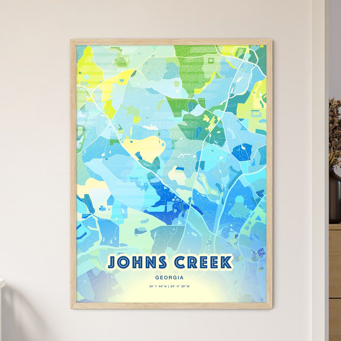 Colorful JOHNS CREEK GEORGIA Fine Art Map Cool Blue