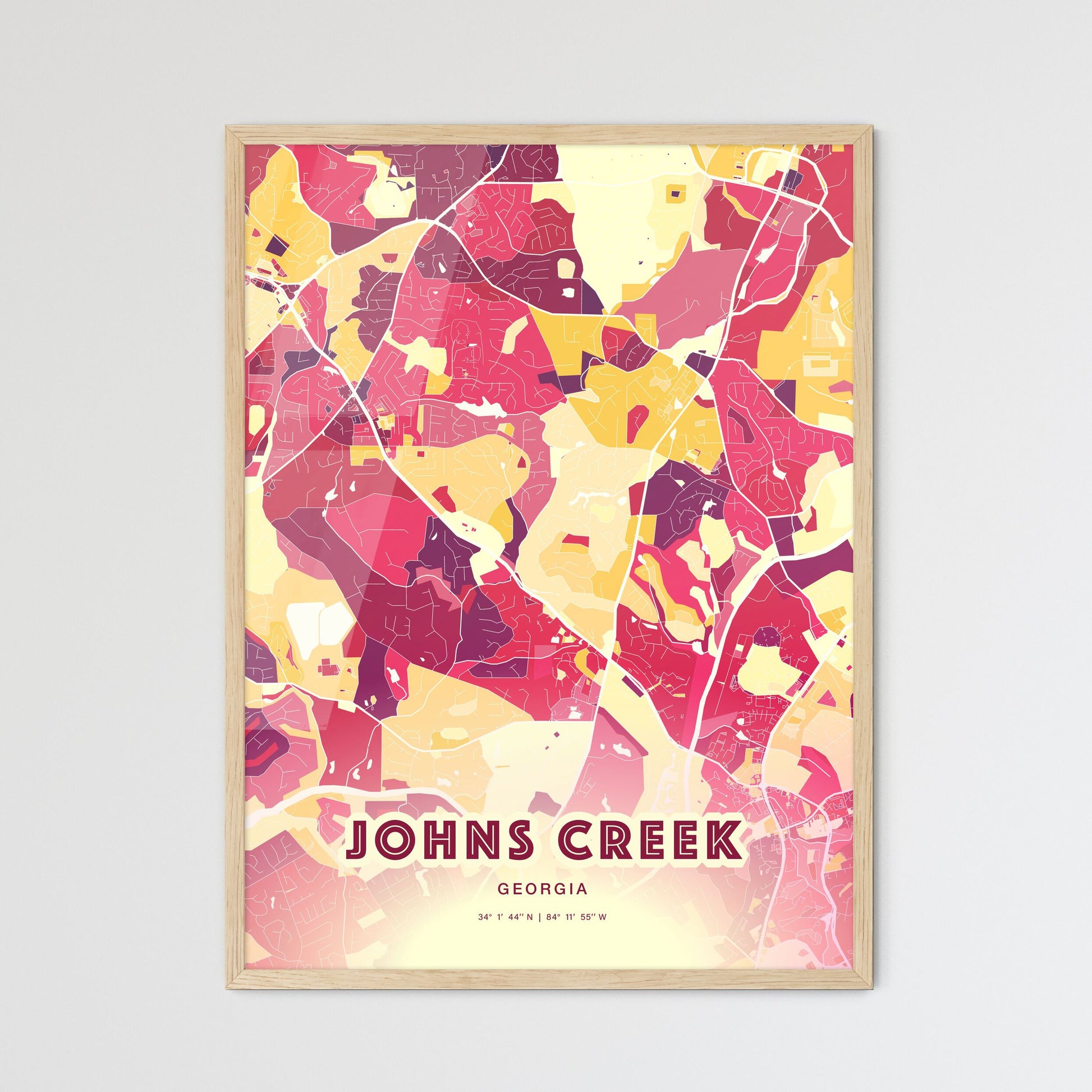 Colorful JOHNS CREEK GEORGIA Fine Art Map Hot Red