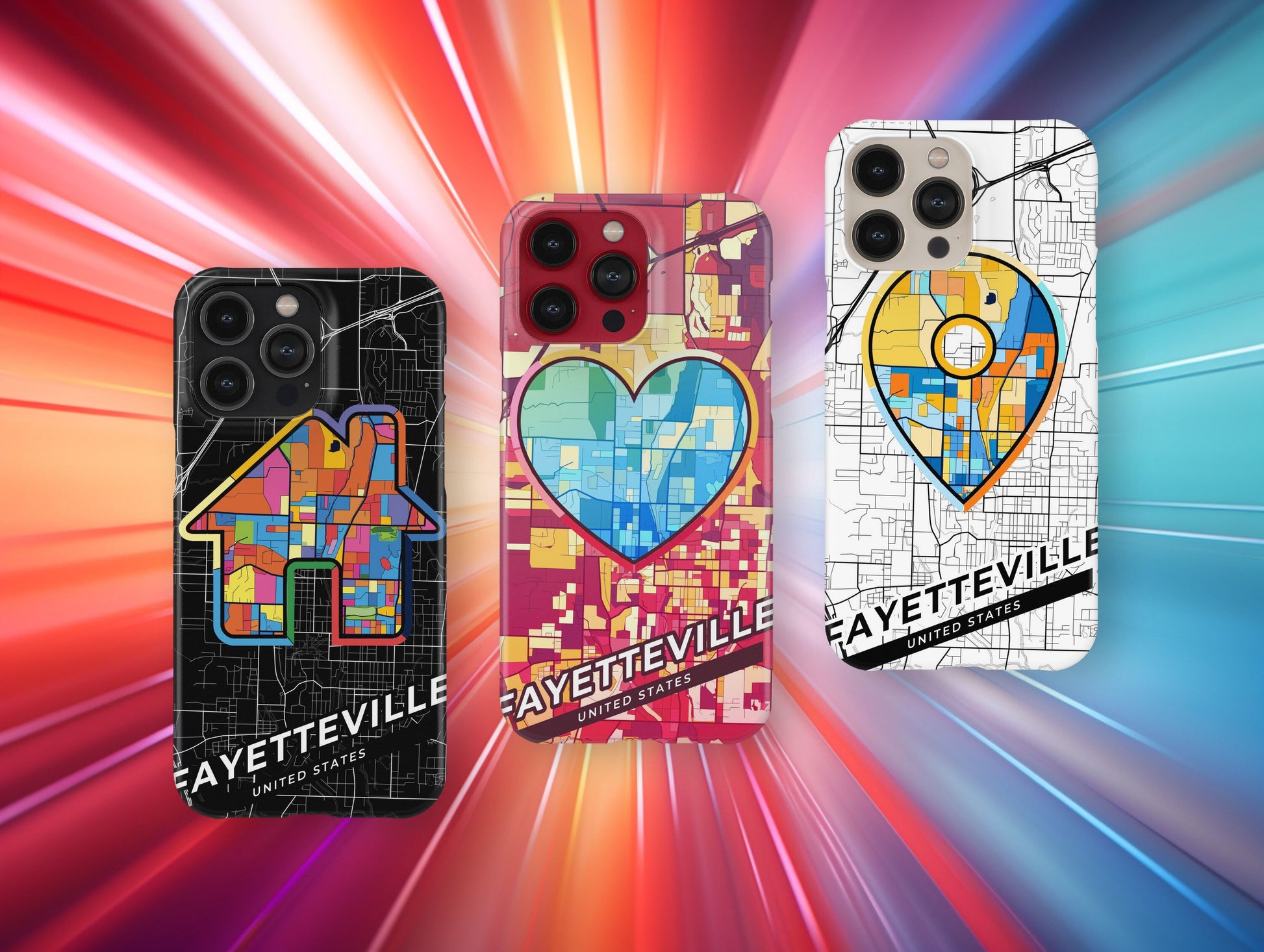 Fayetteville Arkansas slim phone case with colorful icon. Birthday, wedding or housewarming gift. Couple match cases.