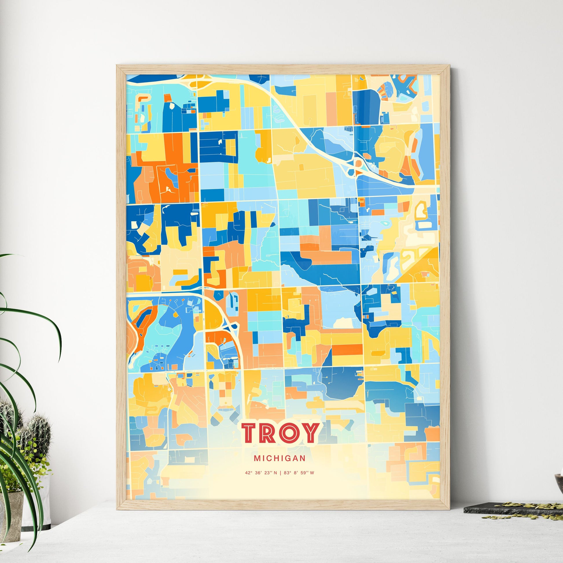 Colorful Troy Michigan Fine Art Map Blue Orange