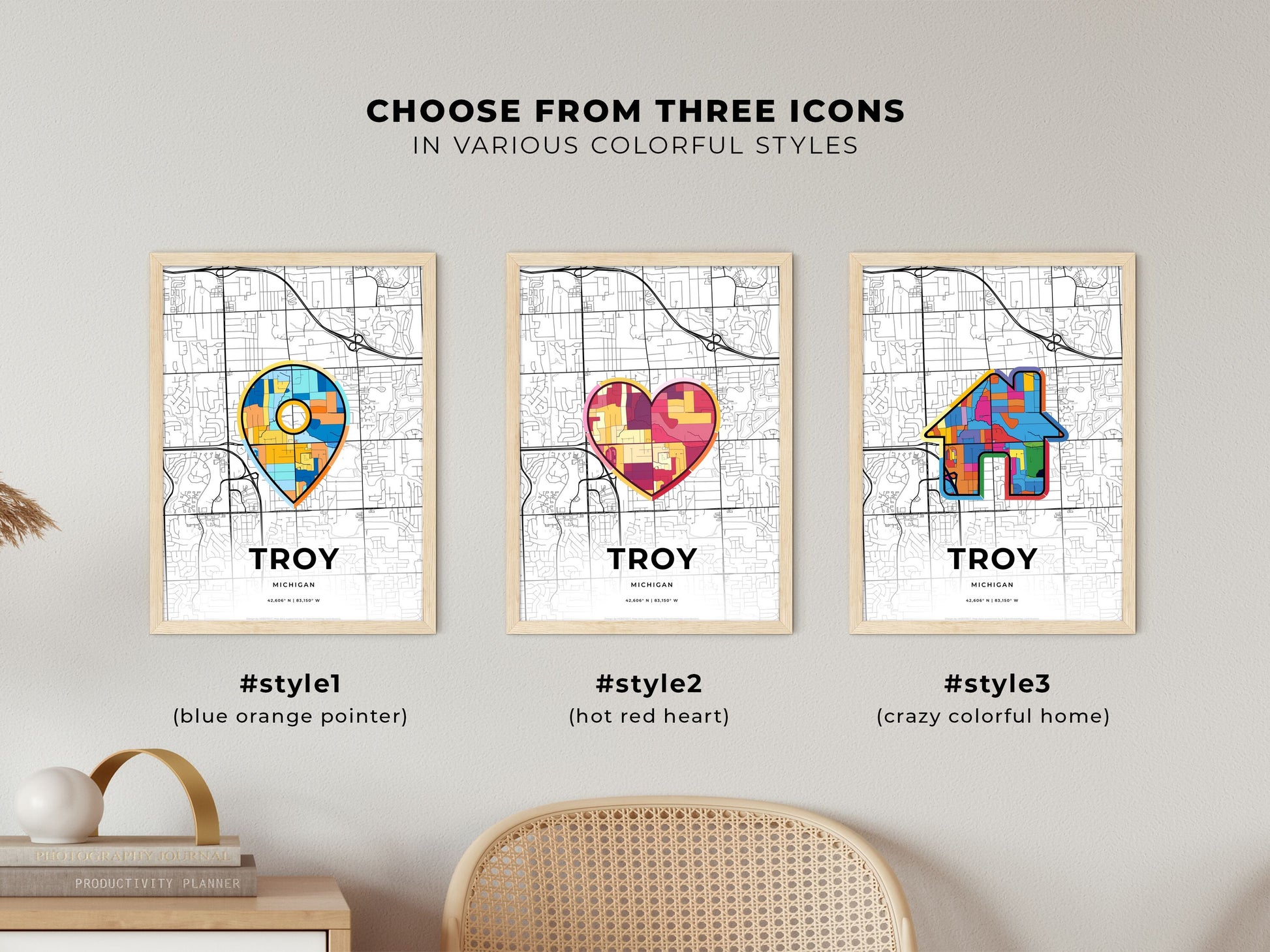 Troy Michigan maps with colorful icons