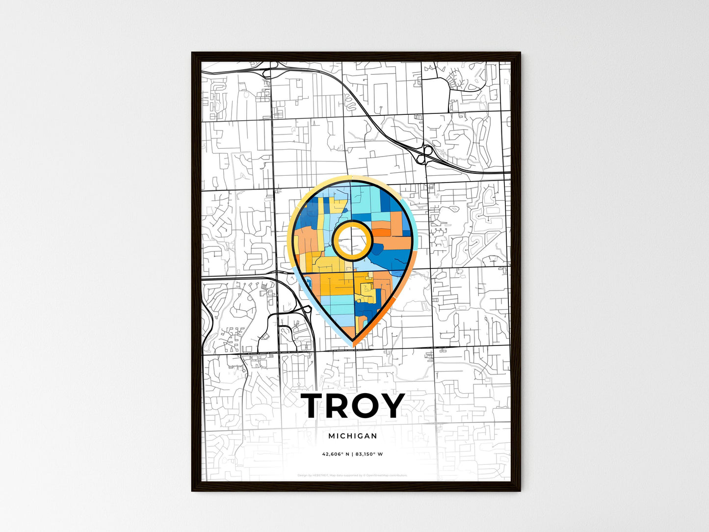 Troy Michigan wedding art map with pointer icon
