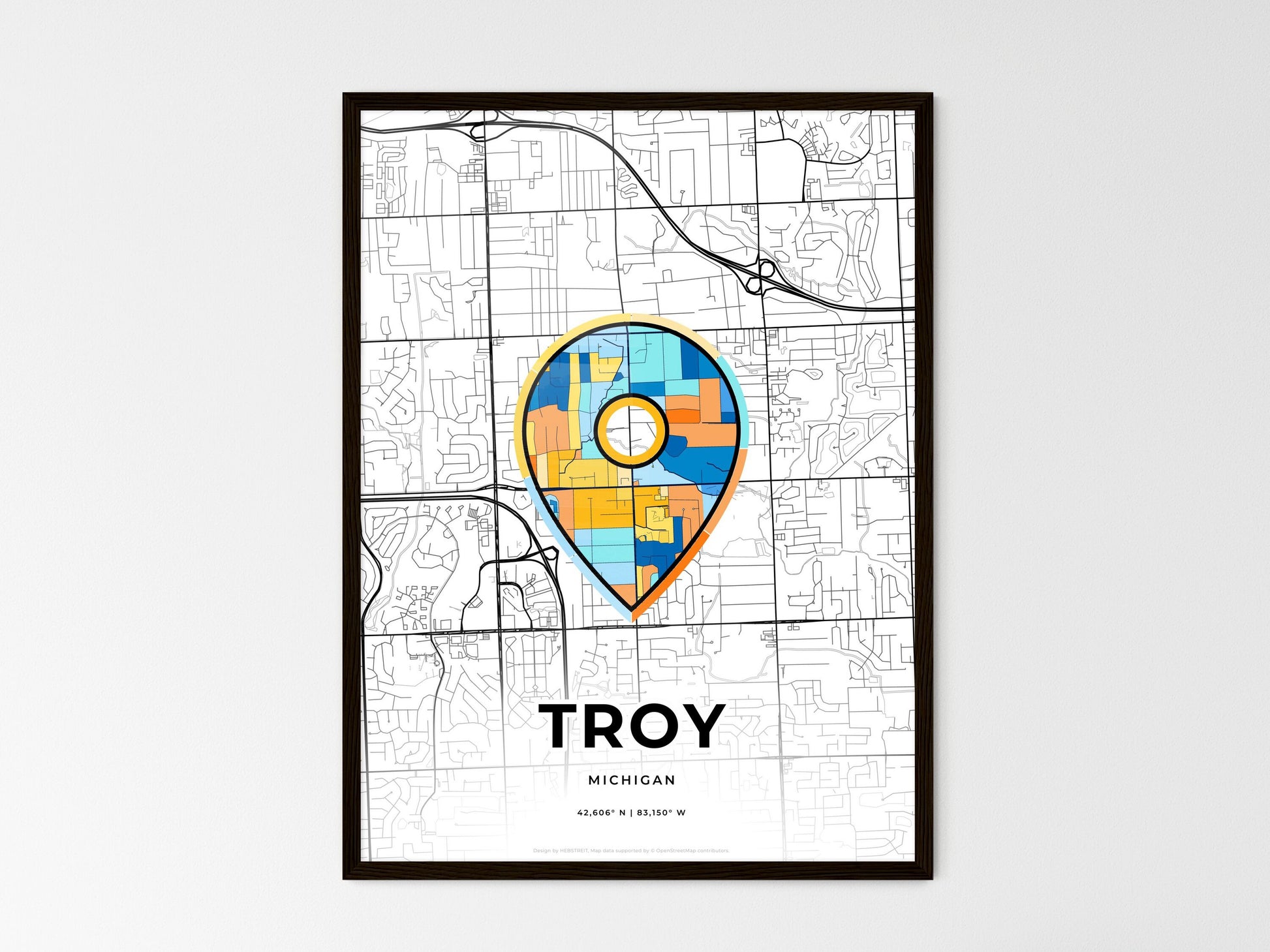 Troy Michigan wedding art map with pointer icon