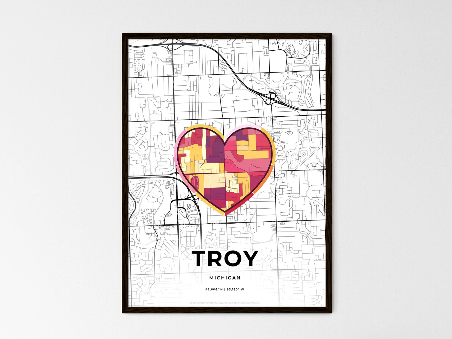 Troy Michigan wedding art map with heart icon